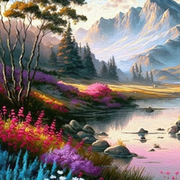 8x10 Colorful Floral Landscape with Mountains Oil Painting Art Print - Picture 3 of 6